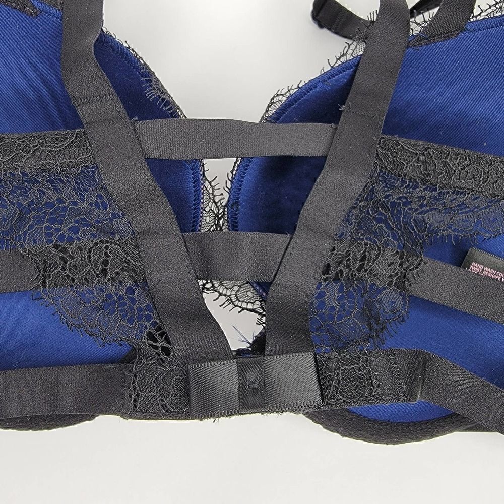 Victorias Secret Push Up Cutout Strappy Lace Blue Black 32 DD - Picture 10 of 13